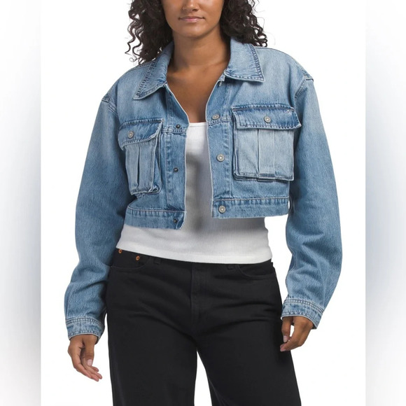 LAST CHANCE HIDDEN Light Wash Cropped Cargo Denim Jacket - Picture 1 of 5